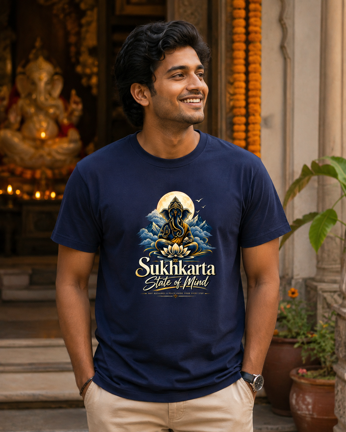 Sukhkarta State of Mind – Shree Ganpati Graphic Unisex T-Shirt | Navy Blue Spiritual Streetwear Tee