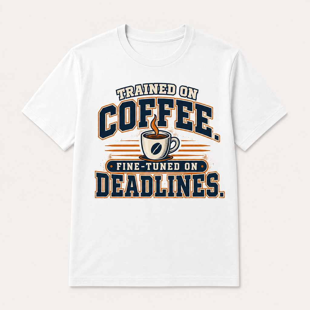 Trained on Coffee, Fine-Tuned on Deadlines – AI Engineer Graphic T-Shirt
